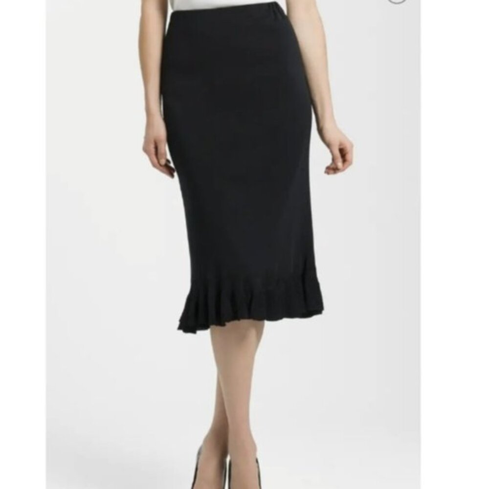 Misook Midi Skirt XS Pull on Elastic Waist Black Ruffle Hem Office Old Money